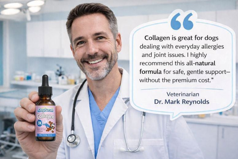 Veterinarian holding a bottle of Collagen with a quote from Dr. Mark Reynolds in a medical setting.